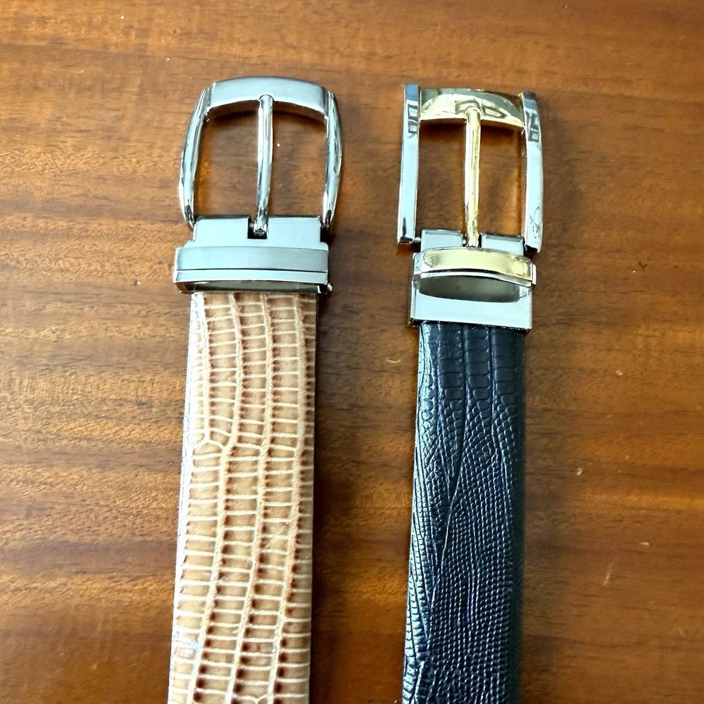 Italian Leather Belts Lot of 2‎ Size 42 Lizard Embossed Black Tan Dress